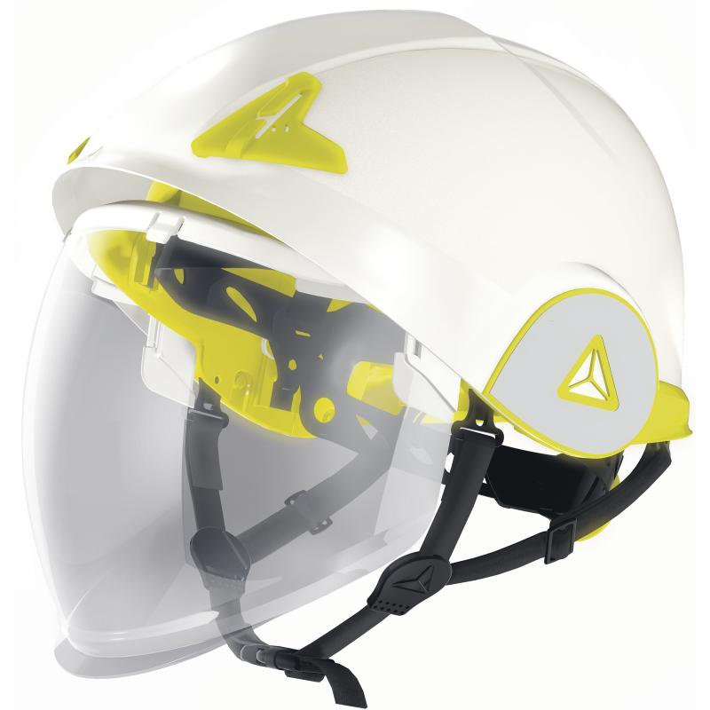Bauhelm mit Doppelschale und integriertem Klappvisier